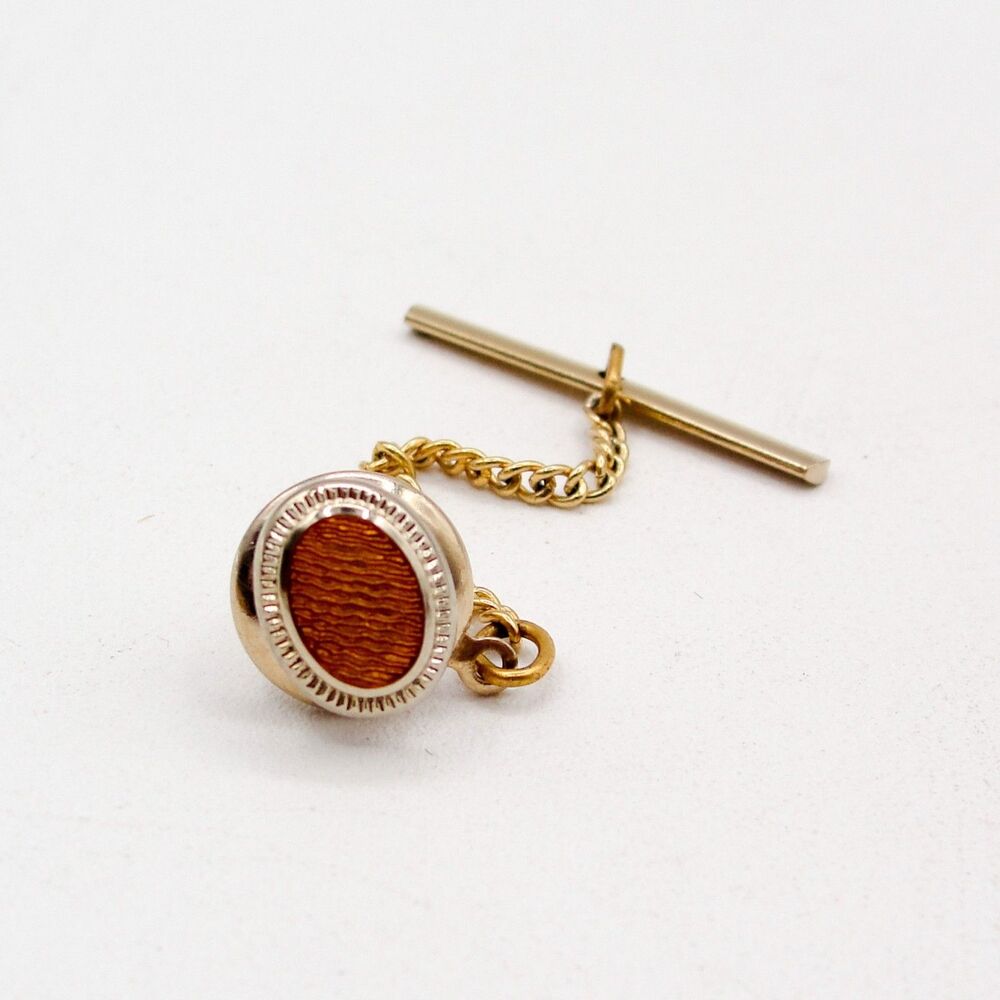 Vintage Gold Tone Brown Stone Tie Tack Pin Security Chain Bar Mens Retro Wedding